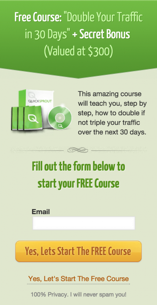 Quick Sprout's free course to increase traffic sign up form