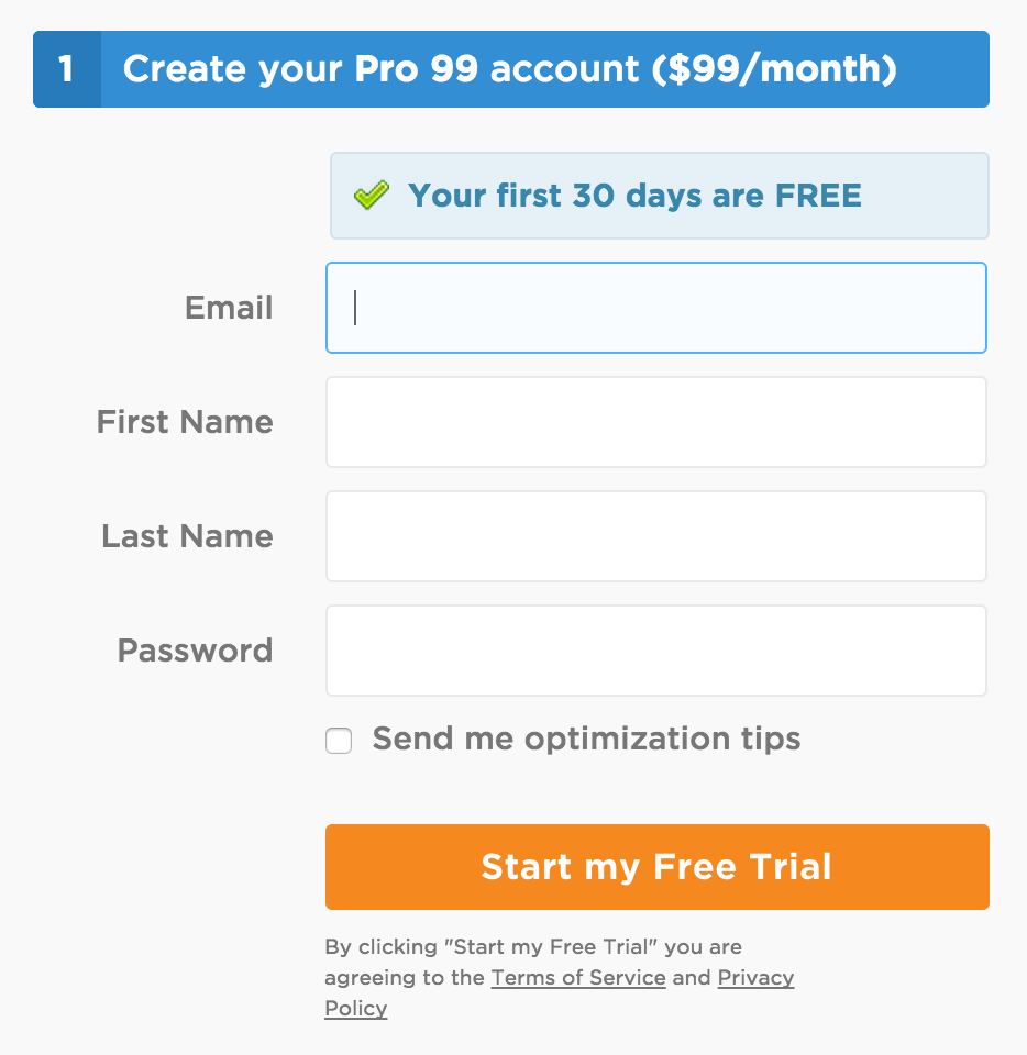Unbounce asks for basic info to sign up for free trial.