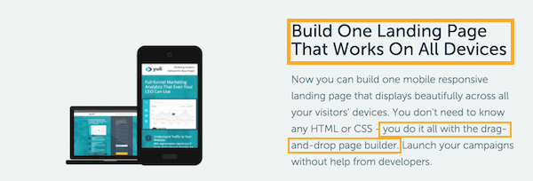 Unbounce showing features and benefits of mobile responsive landing page builder.